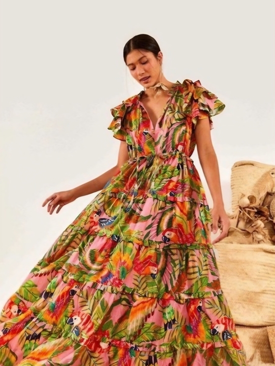 FARM Rio Dresses & Skirts - FARM Rio Tropical Bird Ruffle Tiered Maxi Dress Pink Size M